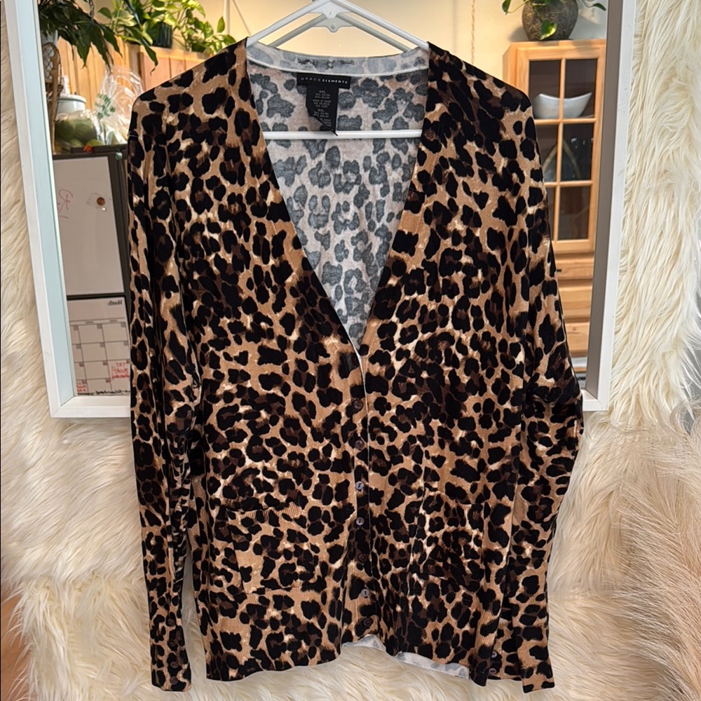 Grace Elements Leopard Print Cardigan XXL Soft Button Front Animal Print Sweater